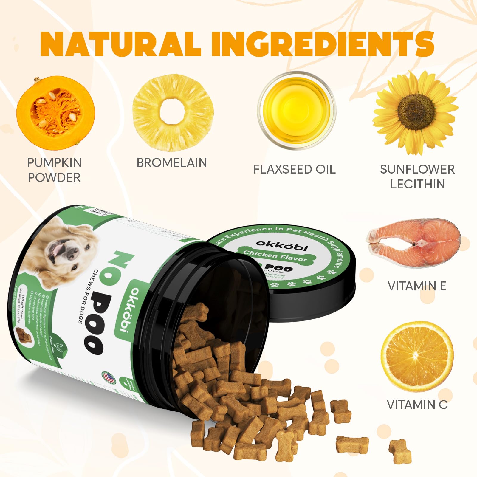 OKKÖBI dog chews probiotics and enzymes close-up for gut support