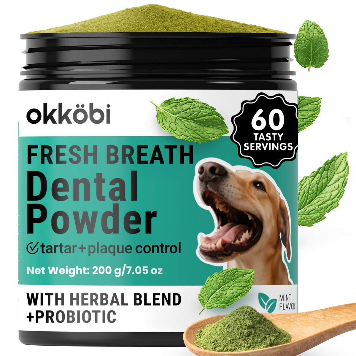 OKKÖBI dog teeth cleaning powder container for daily dental care.