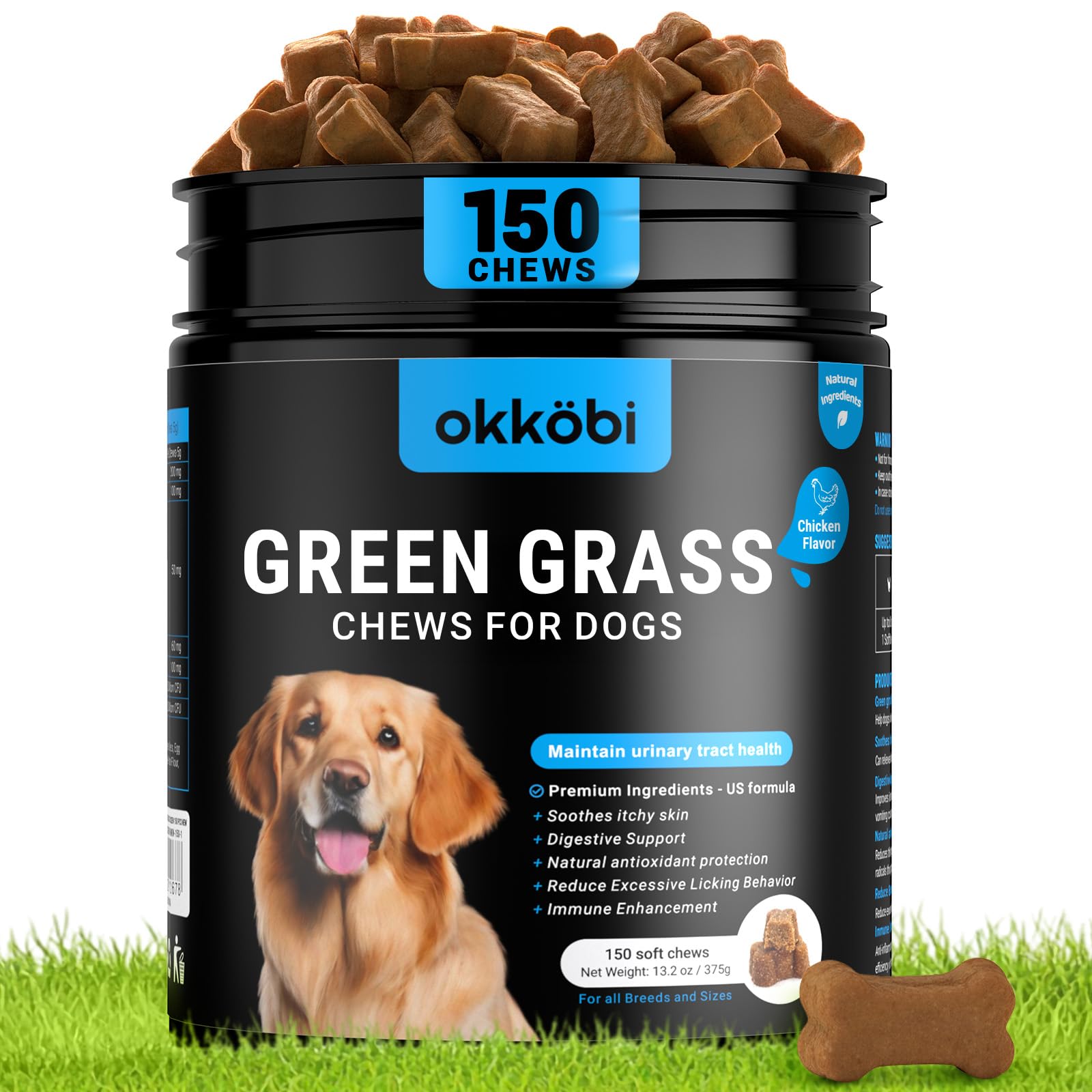 OKKÖBI dog urine neutralizer jar label signals lawn-friendly formula for vibrant grass