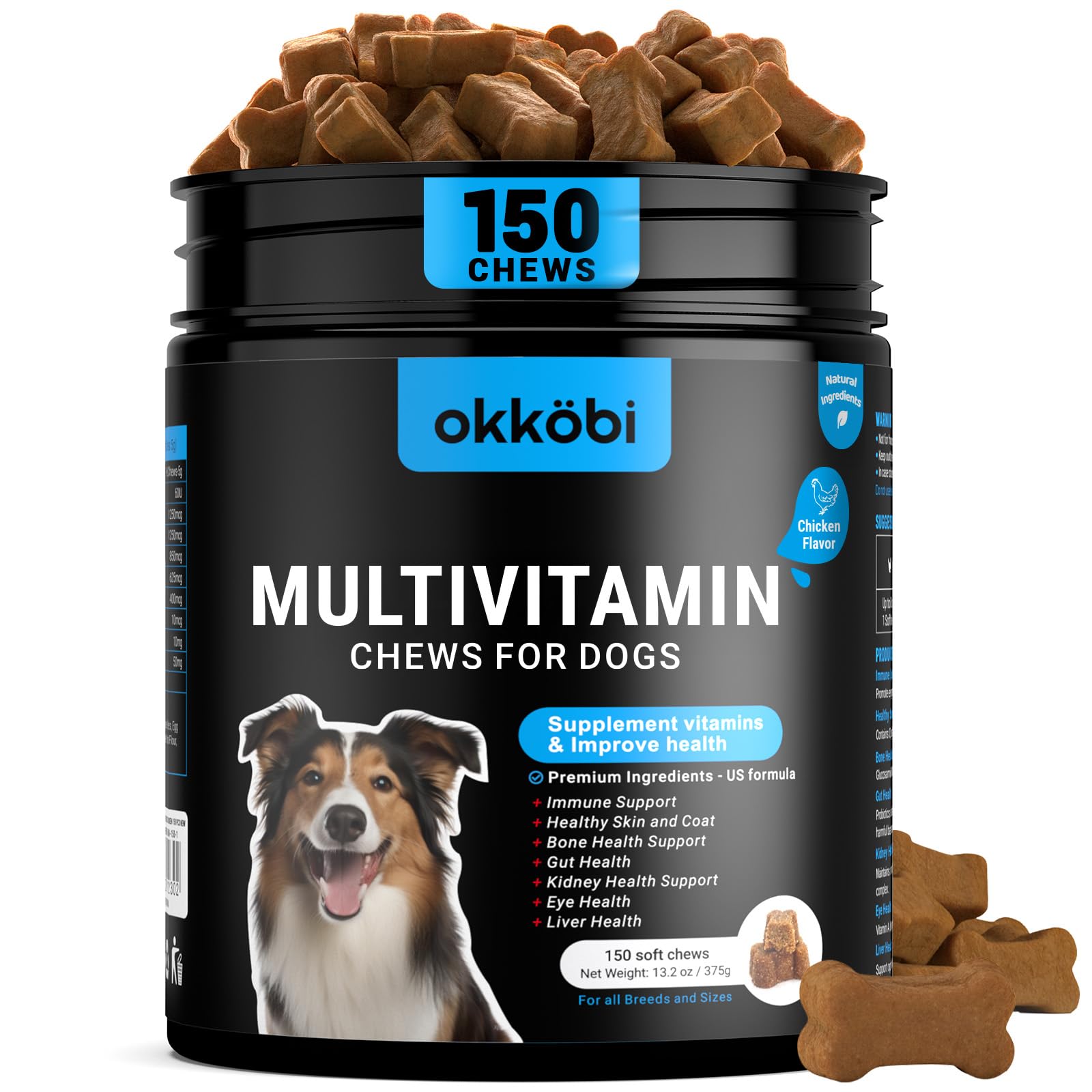 OKKÖBI dog vitamins all-in-one bottle front view for comprehensive immune and joint support.