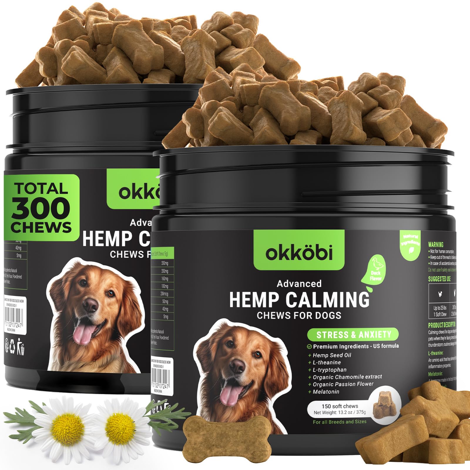 OKKÖBI duck-flavored calming chews for dogs—a tasty anxiety relief during stressful moments