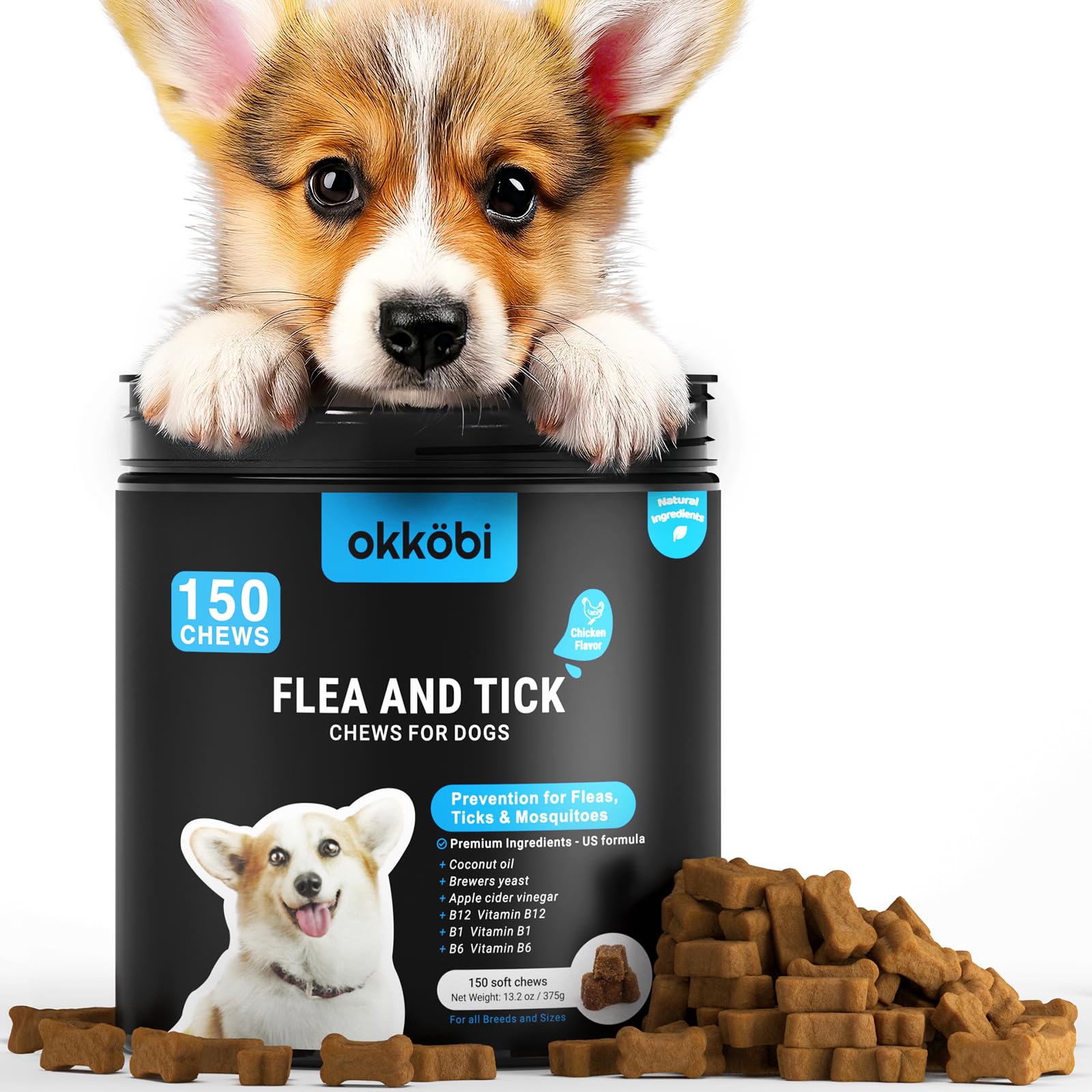 OKKOBI flea tick chews chicken flavor jar for easy dog protection.
