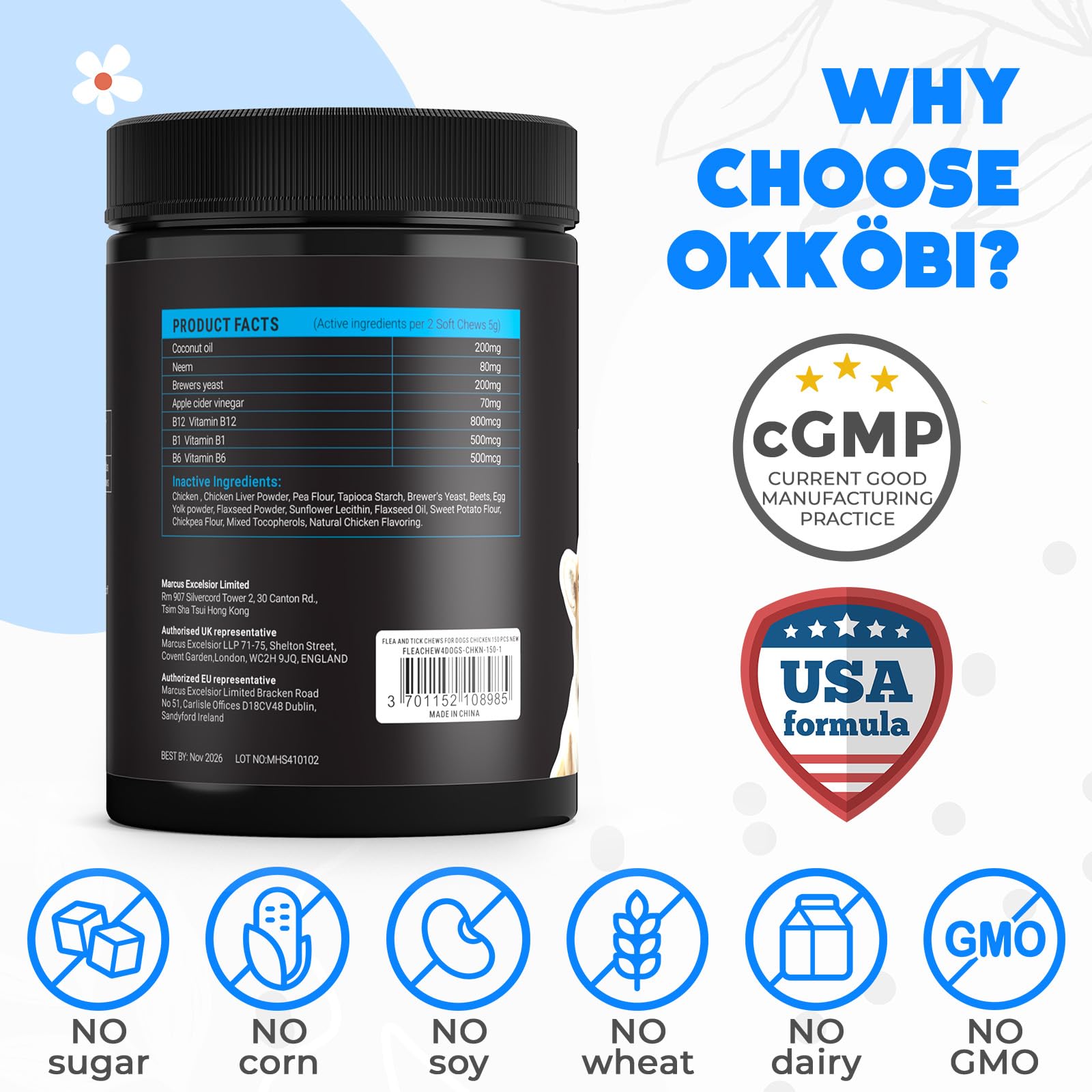 OKKOBI natural ingredients label highlights coconut oil and neem extract.