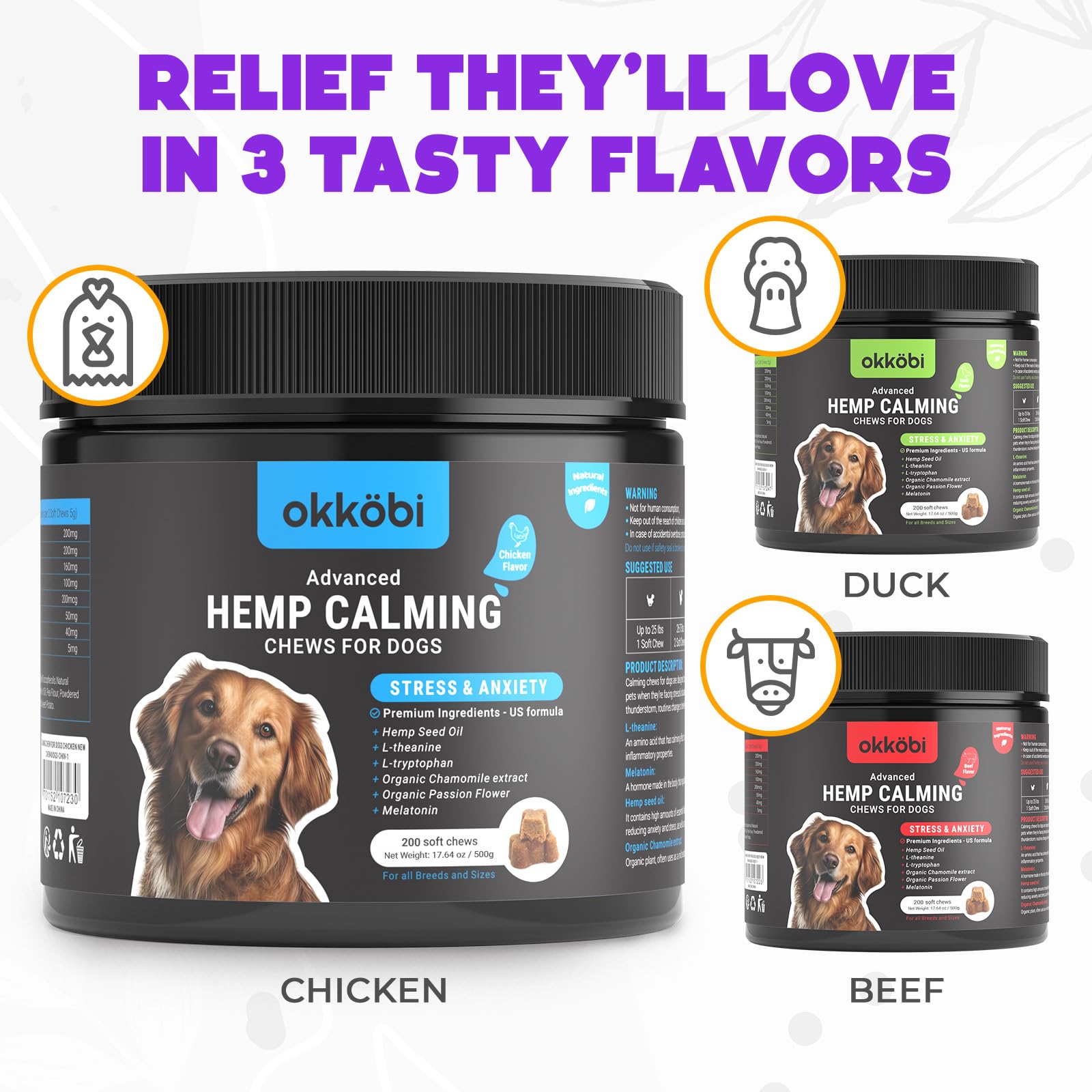 OKKÖBI Hemp Calming Chews 200-count tub ready for daily use