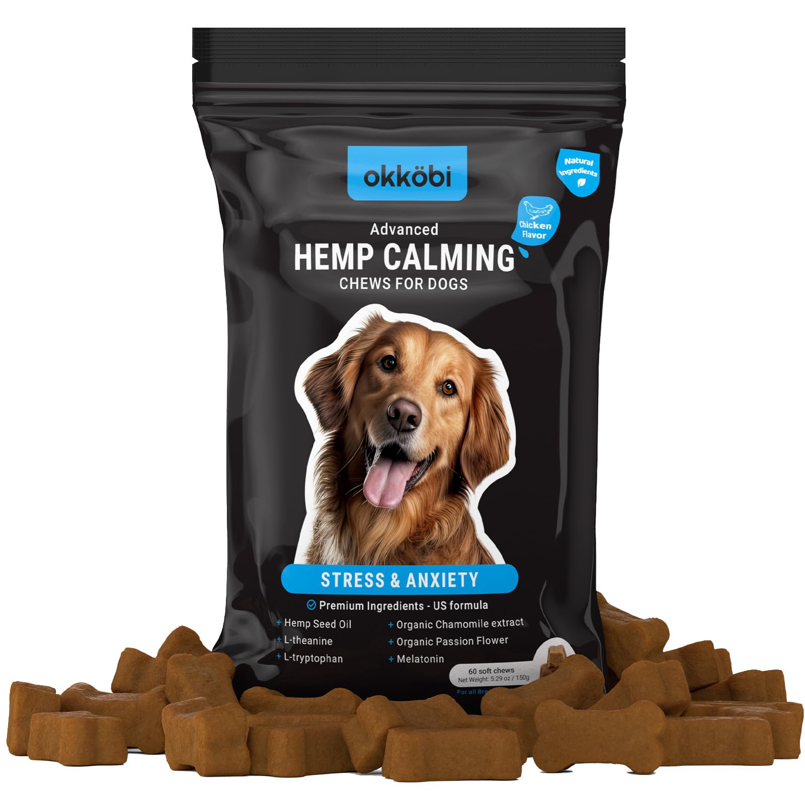 OKKÖBI hemp calming chews chicken pack eases dog anxiety