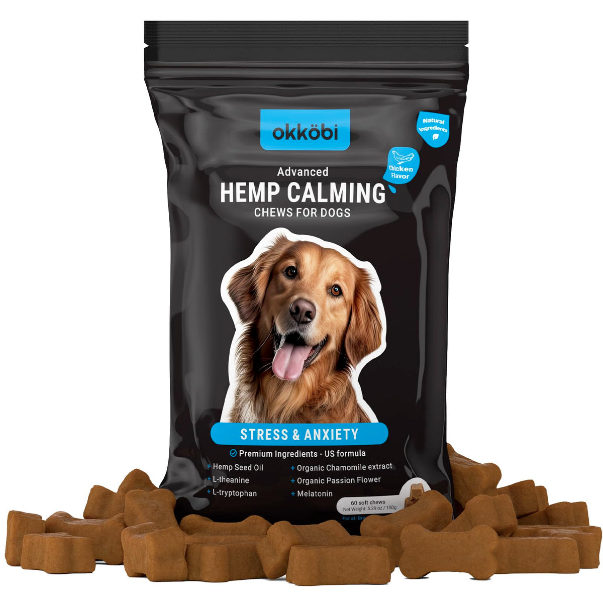 OKKÖBI hemp calming chews chicken pack eases dog anxiety