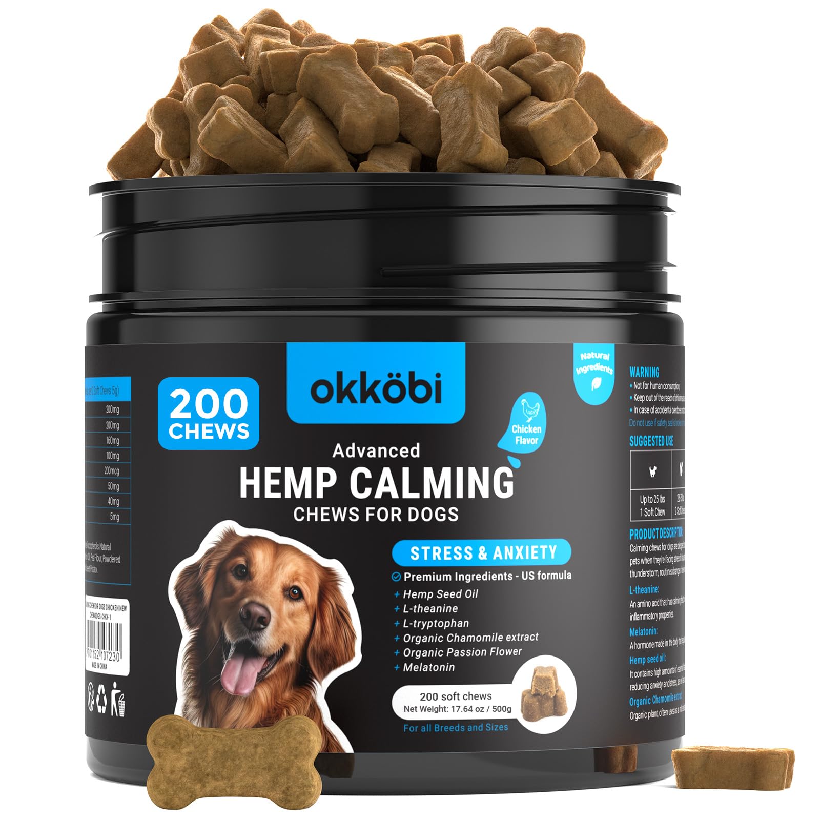 OKKÖBI Hemp Calming Chews chicken flavor pack for dogs