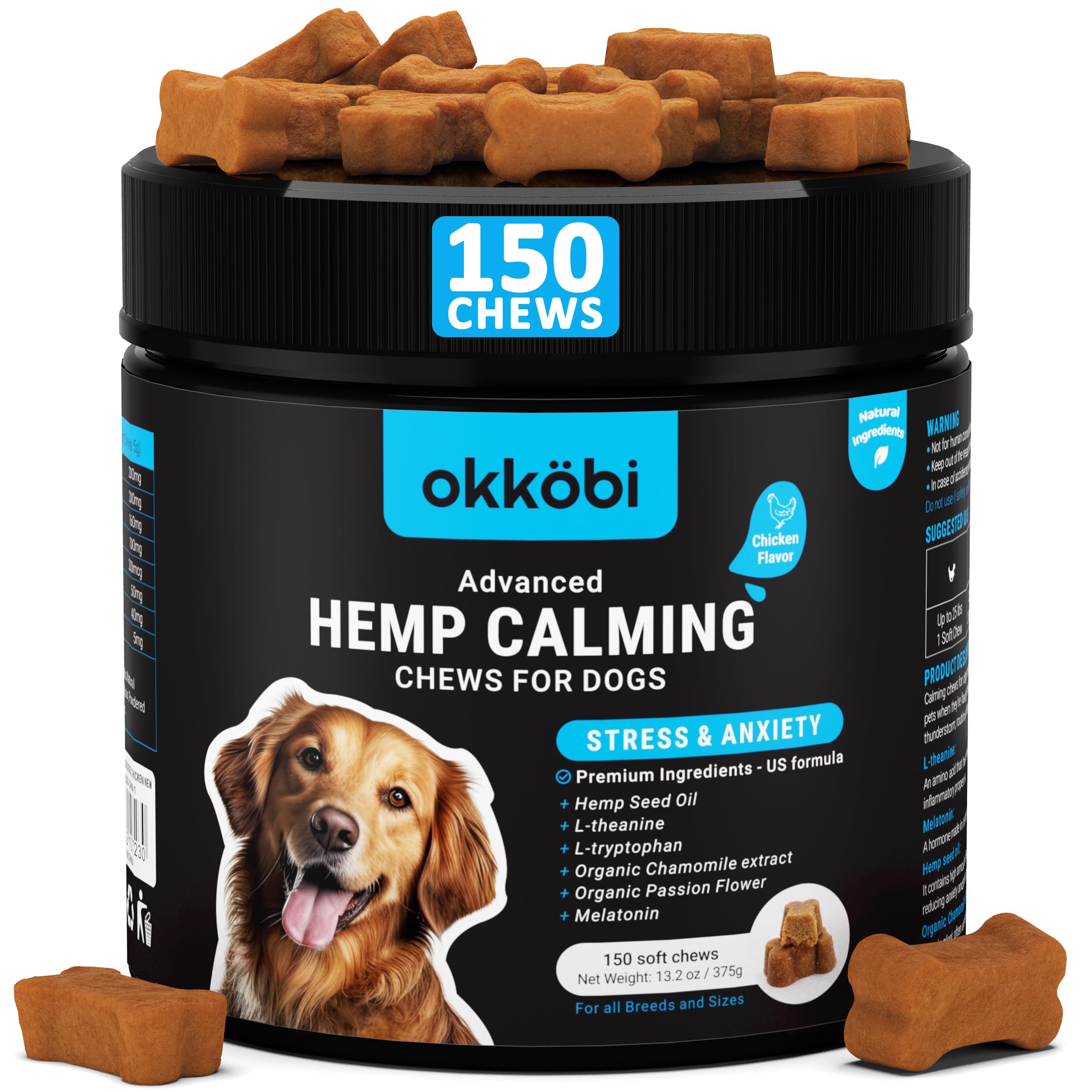 OKKÖBI hemp calming chews bottle-front showing packaging for easy calming relief.