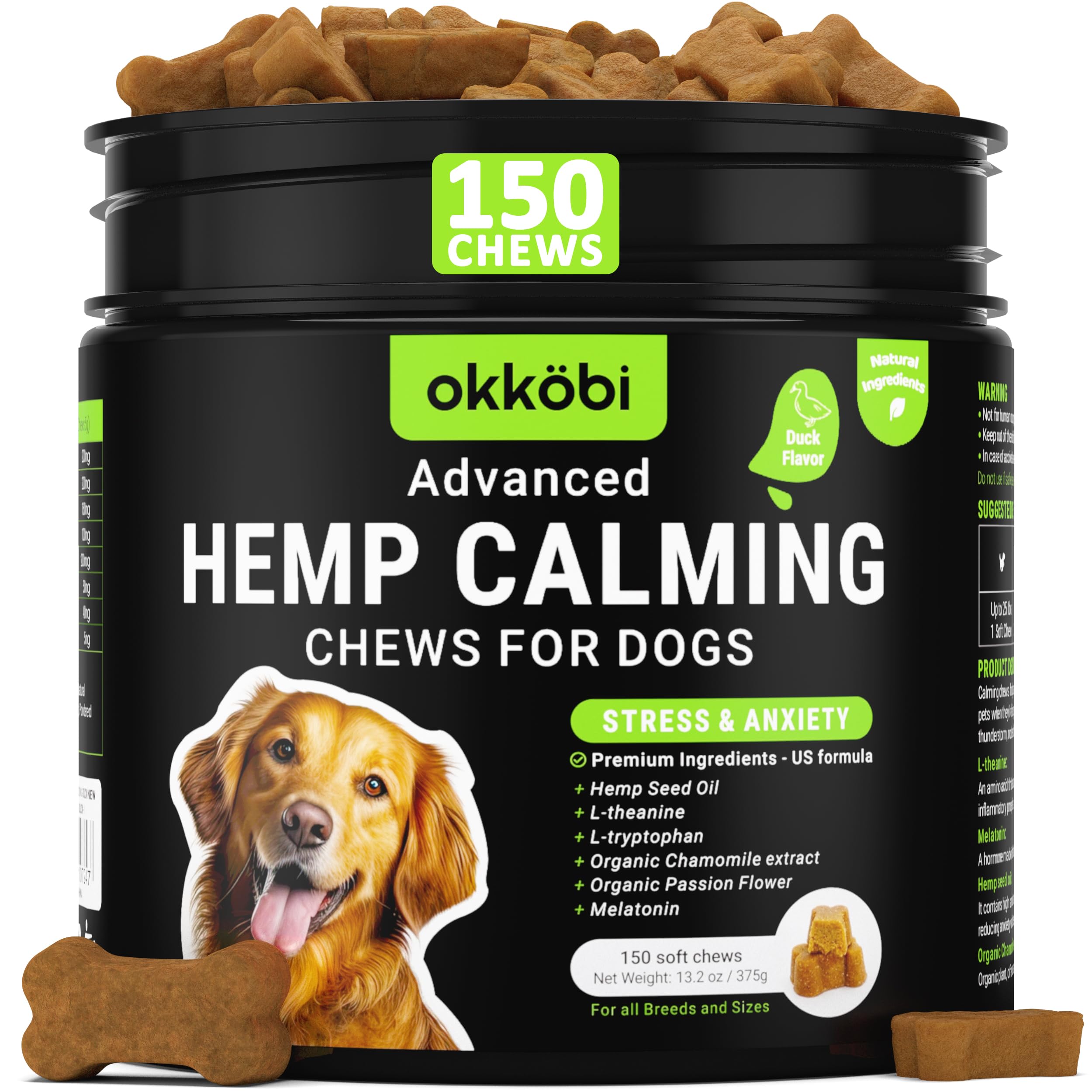 OKKÖBI hemp calming chews duck-flavor pack ideal for travel days with dogs.