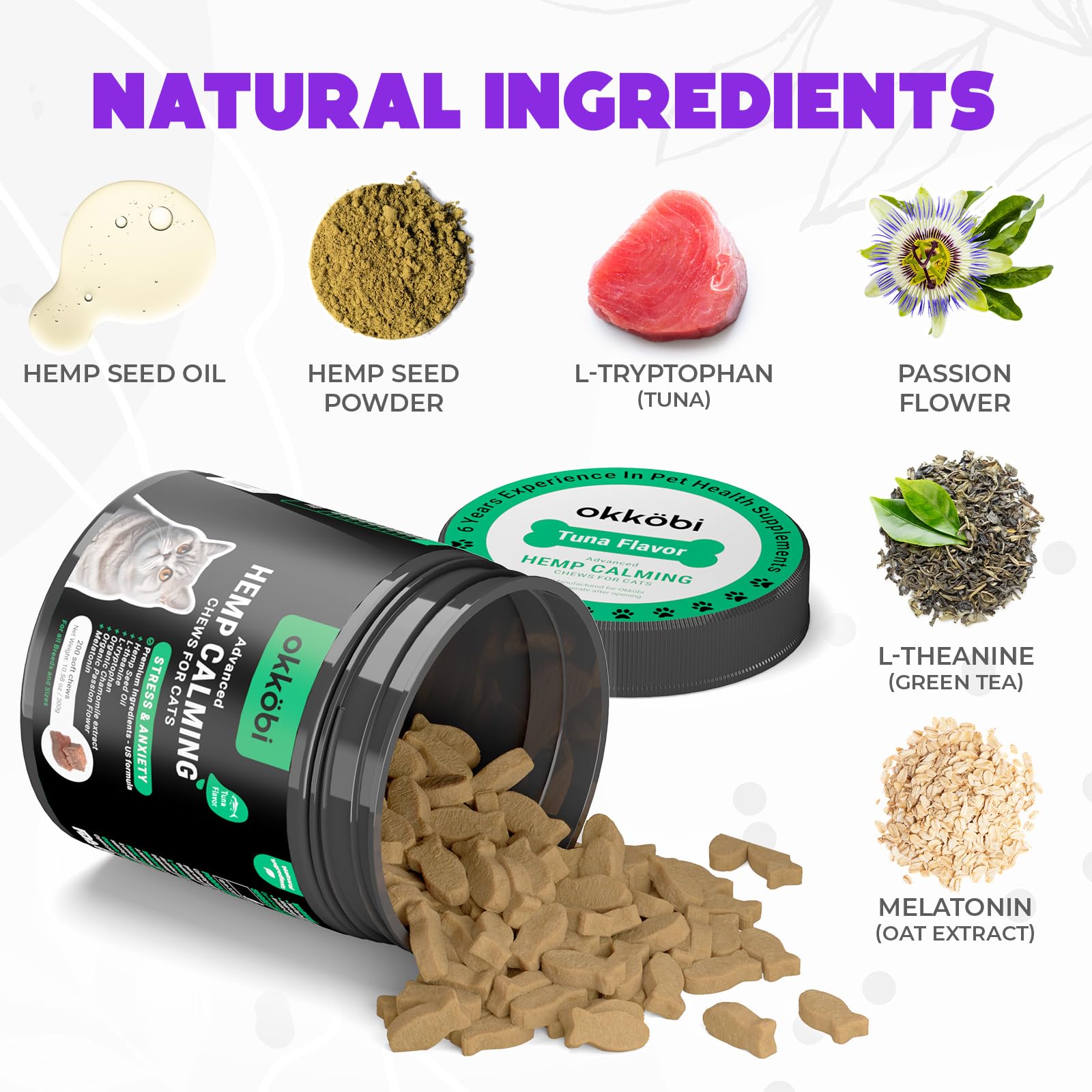 OKKÖBI Hemp Calming Chews ingredients label highlights hemp and botanicals.