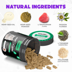 OKKÖBI Hemp Calming Chews ingredients label highlights hemp and botanicals.