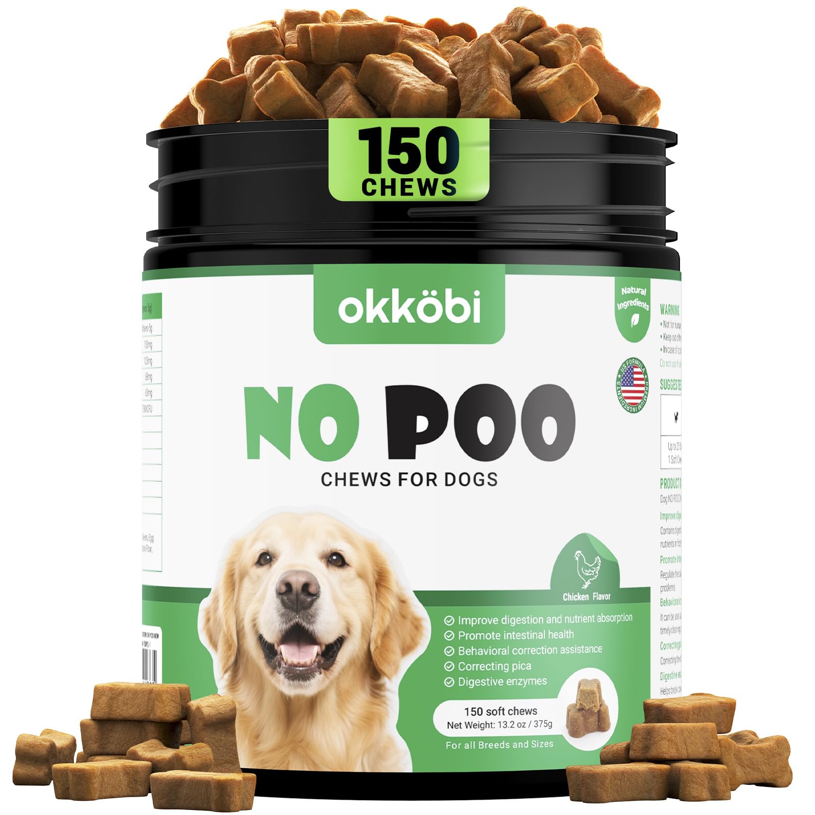 OKKÖBI No Poo Chews chicken flavor close-up for stress-free daily use