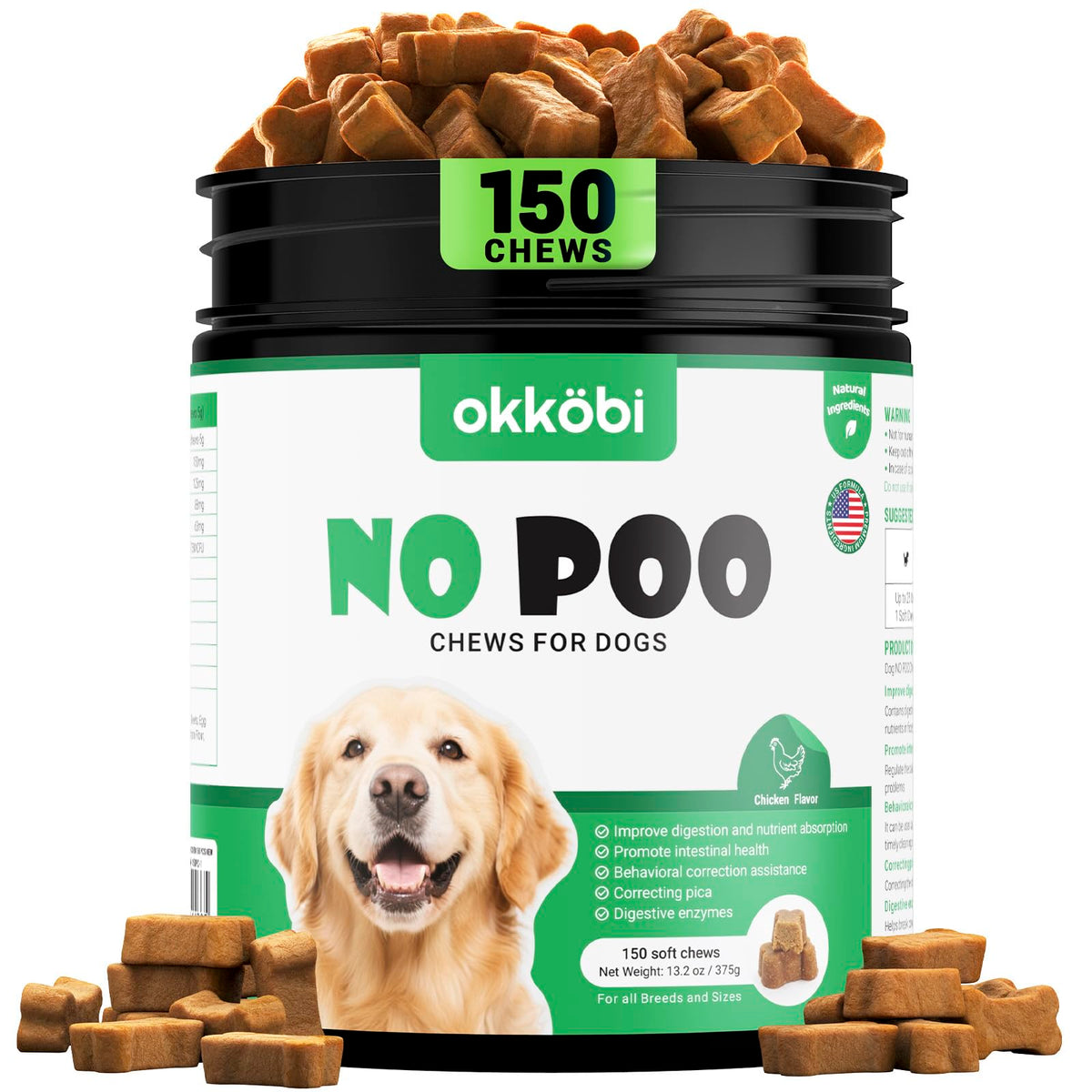OKKÖBI No Poo Chews chicken flavor close-up for stress-free daily use