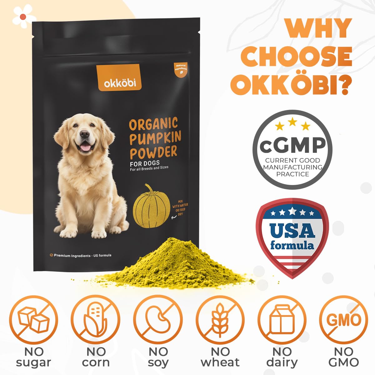 OKKÖBI pumpkin powder used for cats and dogs to support regular meals.