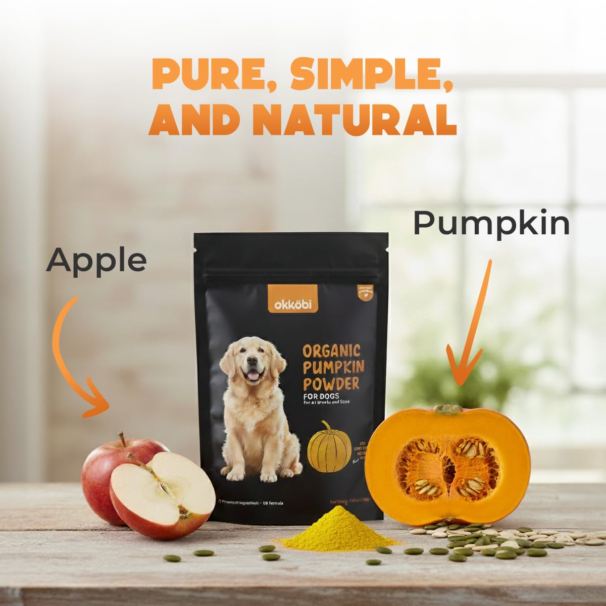 OKKÖBI pumpkin powder poured over dry pet food as a fiber boost.