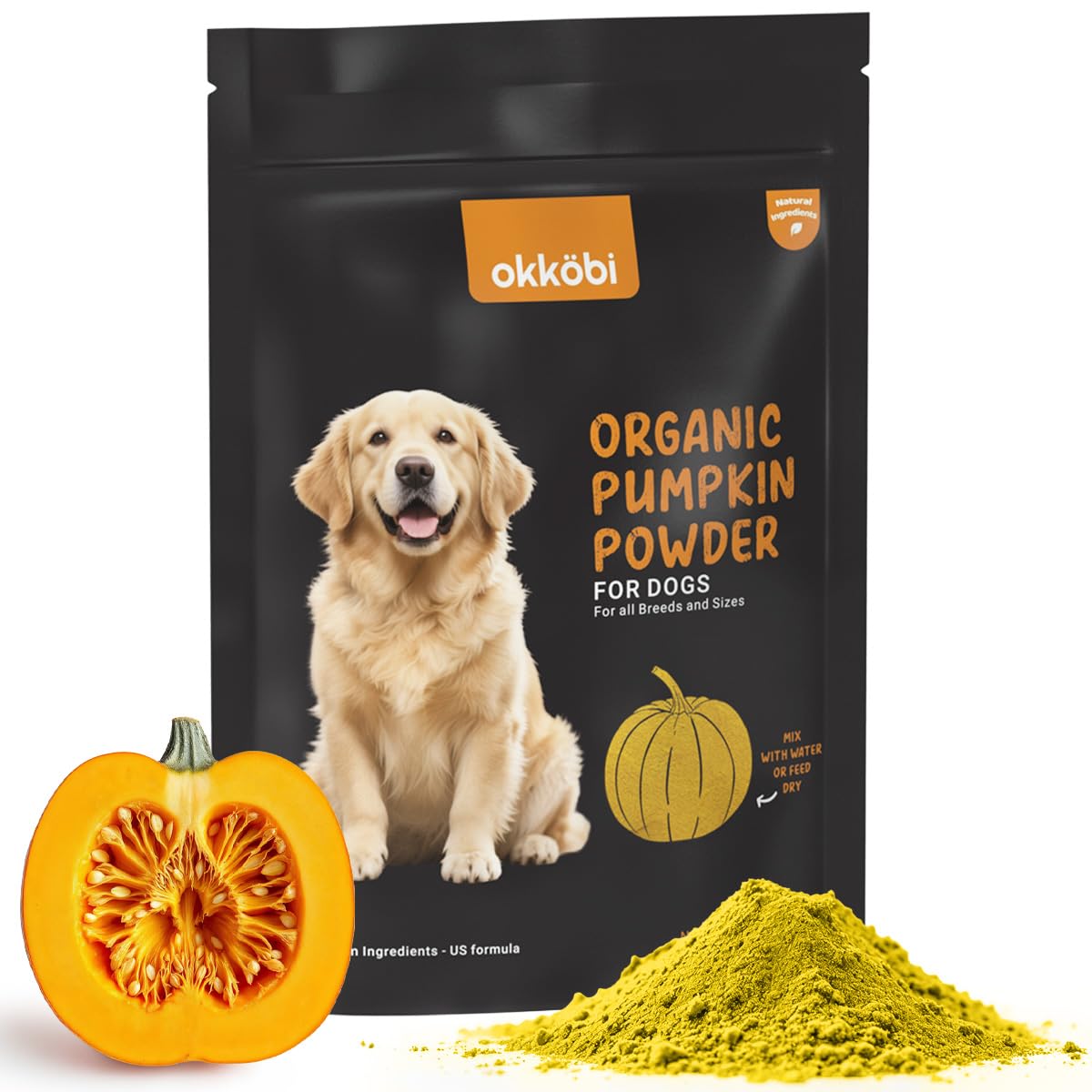 OKKÖBI pumpkin powder bottle showcasing organic formula for pet digestion support.