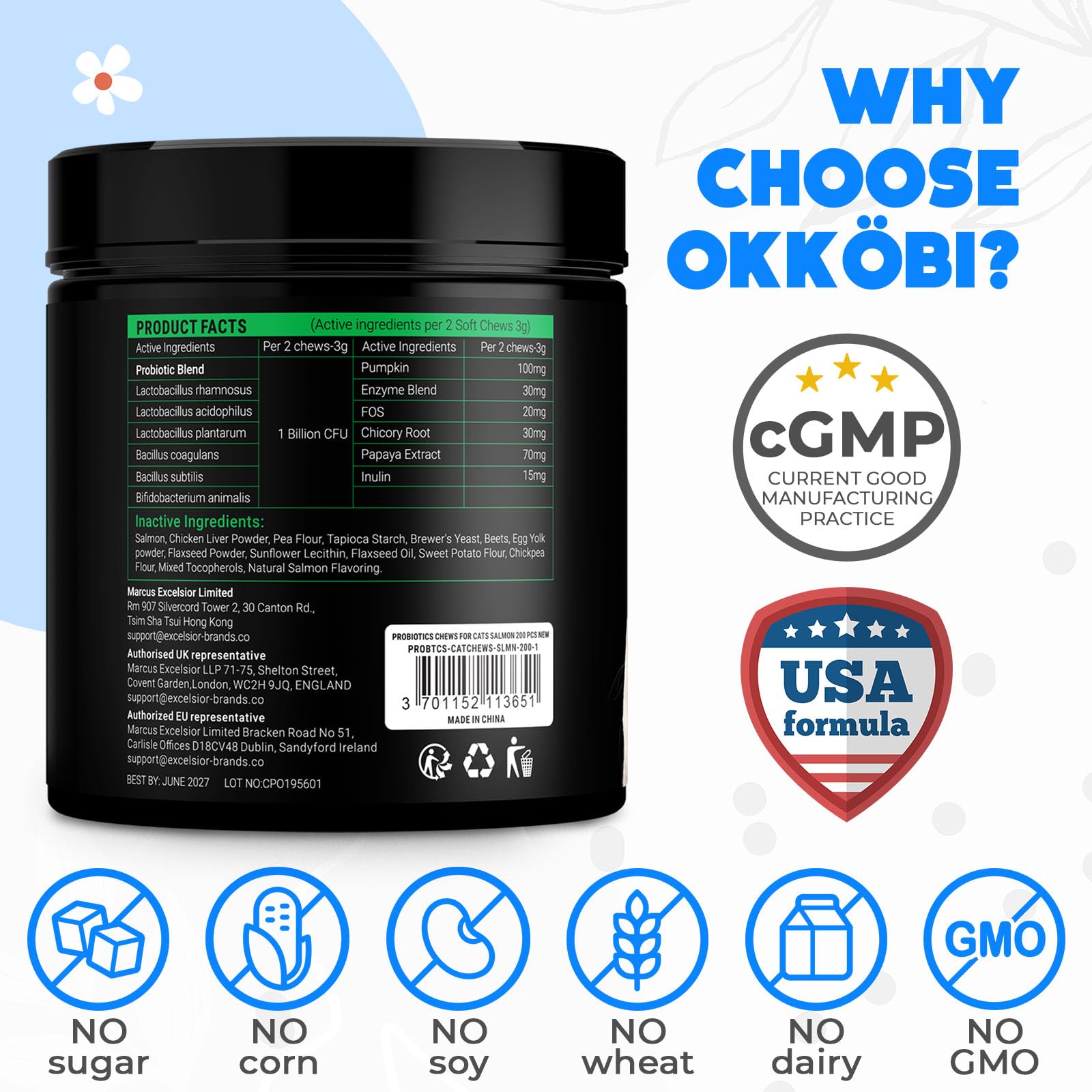 OKKÖBI Probiotics for Cats Chews chicory root fiber photo suggests gut-friendly fiber support.