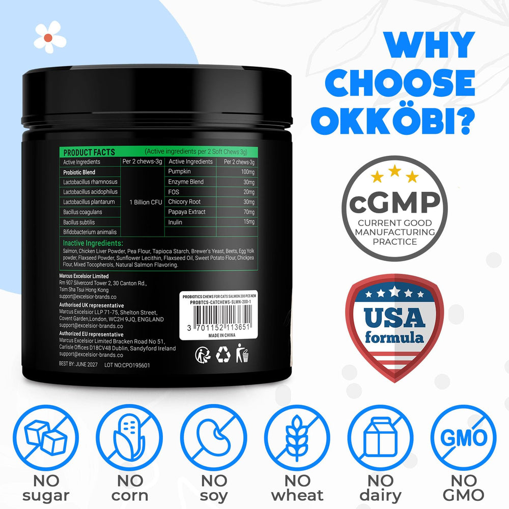 OKKÖBI Probiotics for Cats Chews chicory root fiber photo suggests gut-friendly fiber support.