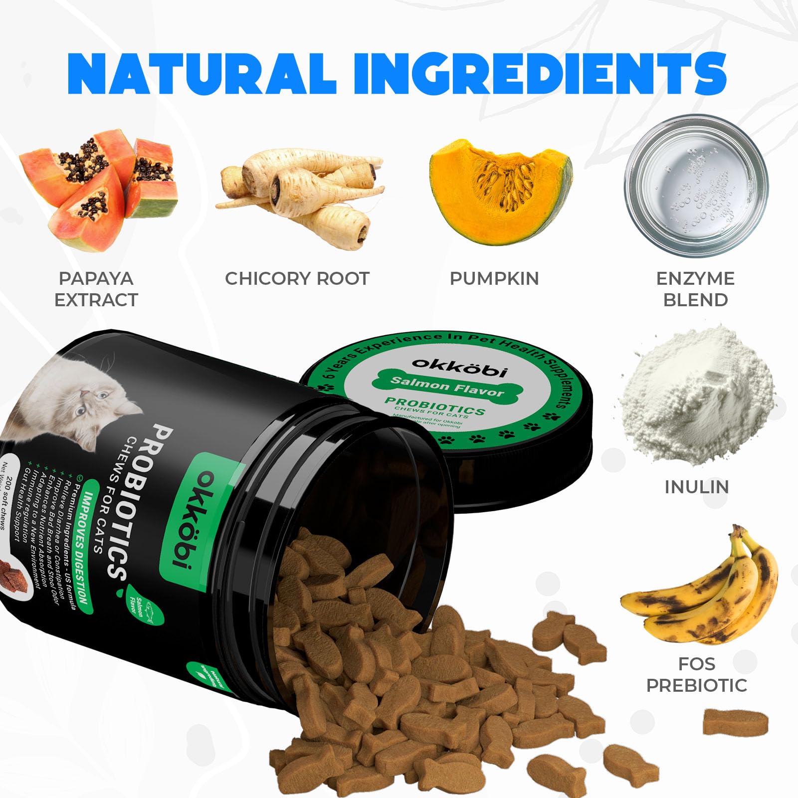 OKKÖBI Probiotics for Cats Chews enzyme blend container highlights digestive support and enzyme synergy.