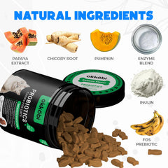 OKKÖBI Probiotics for Cats Chews enzyme blend container highlights digestive support and enzyme synergy.
