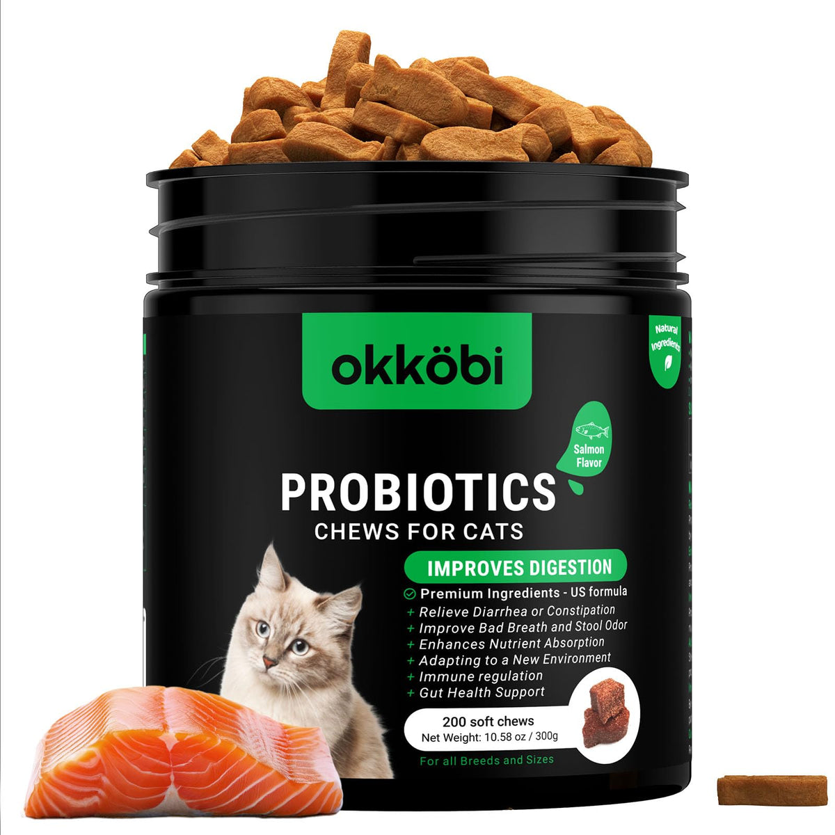 OKKÖBI Probiotics for Cats Chews salmon flavor bottle support healthy digestion and daily comfort.