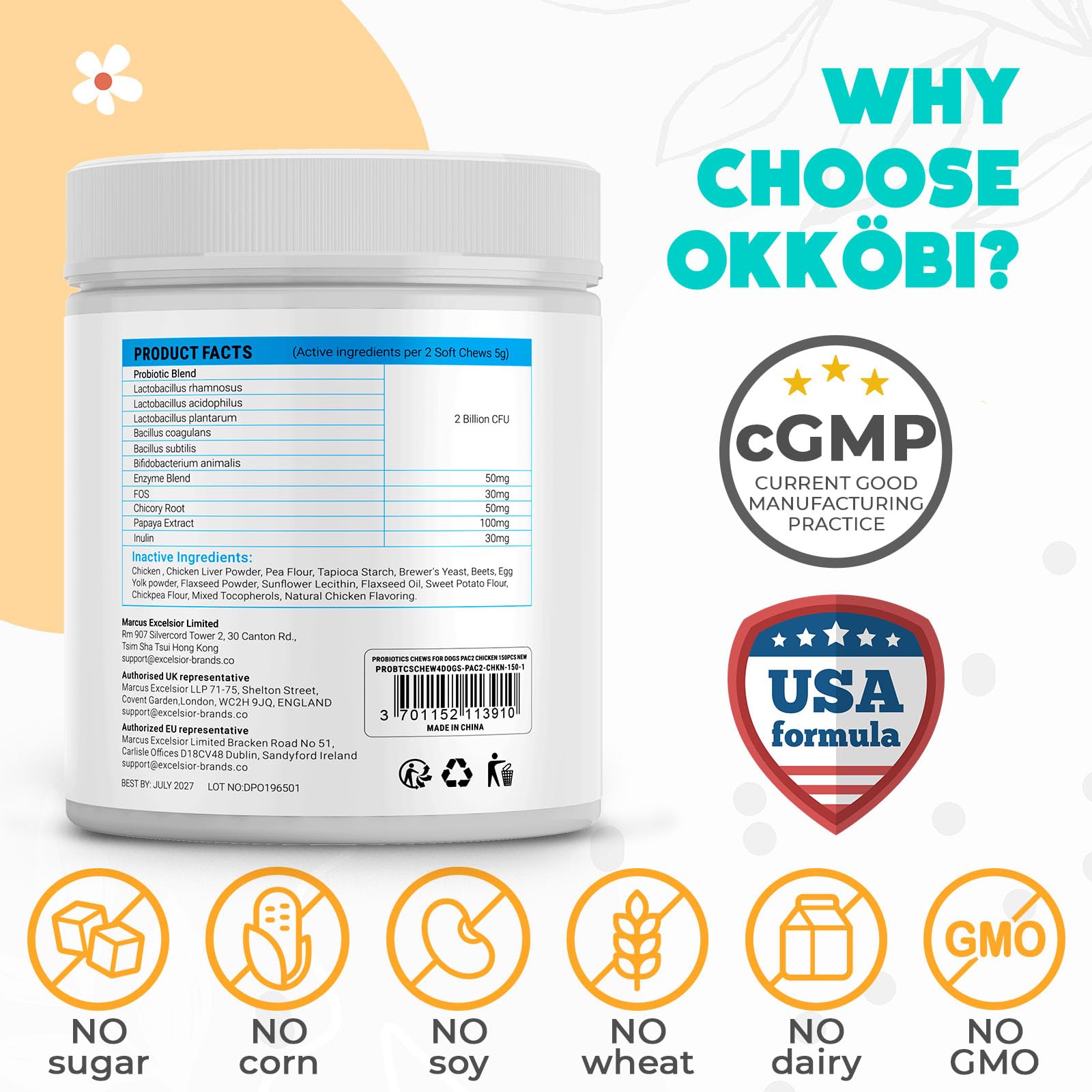 OKKÖBI Probiotics for Dogs Chews texture close-up shows chewy bite.