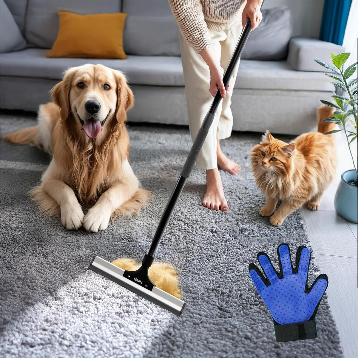 OKKÖBI cepillo para pelo de mascota eliminando pelo de alfombras