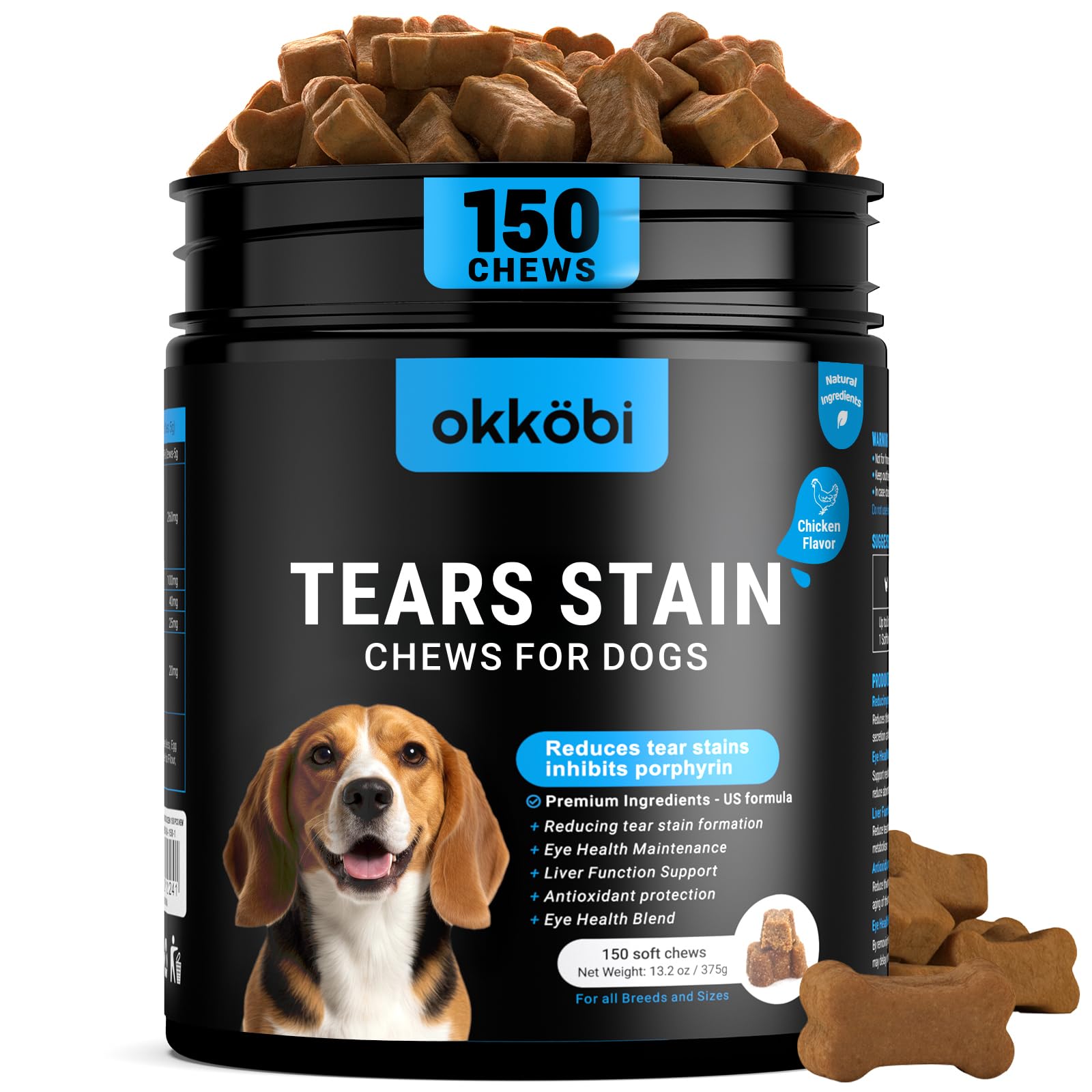OKKÖBI tear-stain chews bottle supports daily eye comfort for dogs