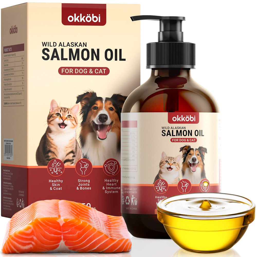 OKKÖBI Wild Alaskan Salmon Oil bottle highlights omega-3 for skin and coat