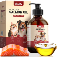 OKKÖBI Wild Alaskan Salmon Oil bottle highlights omega-3 for skin and coat
