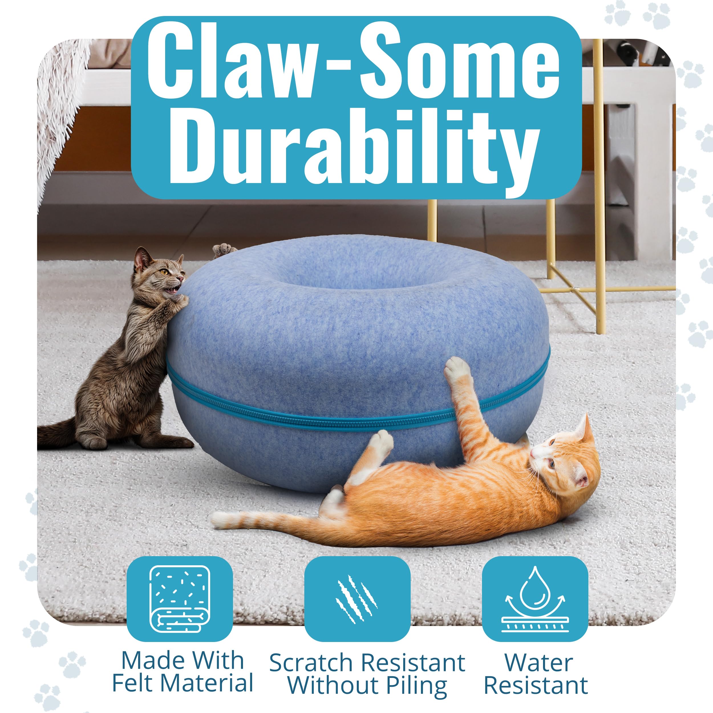 Okoco Cat Tunnel Bed donut detail highlights plush, cozy cave and pounce-friendly design