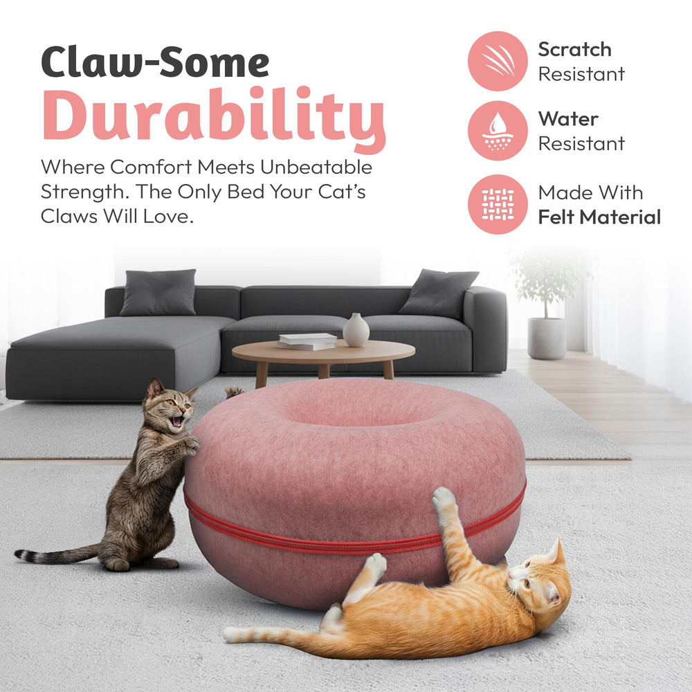 Okoco Cat Tunnel Bed indoors in a sunny corner for cats up to 45 lbs