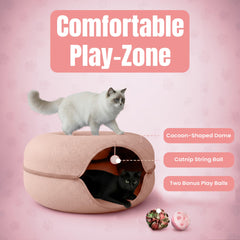 Okoco Cat Tunnel Bed peekaboo entrance invites exploration and naps