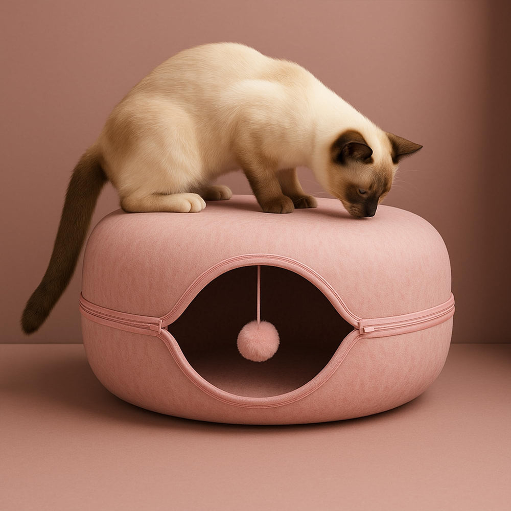 Okoco Cat Tunnel Bed pink exterior offers a cozy hideaway for indoor cats