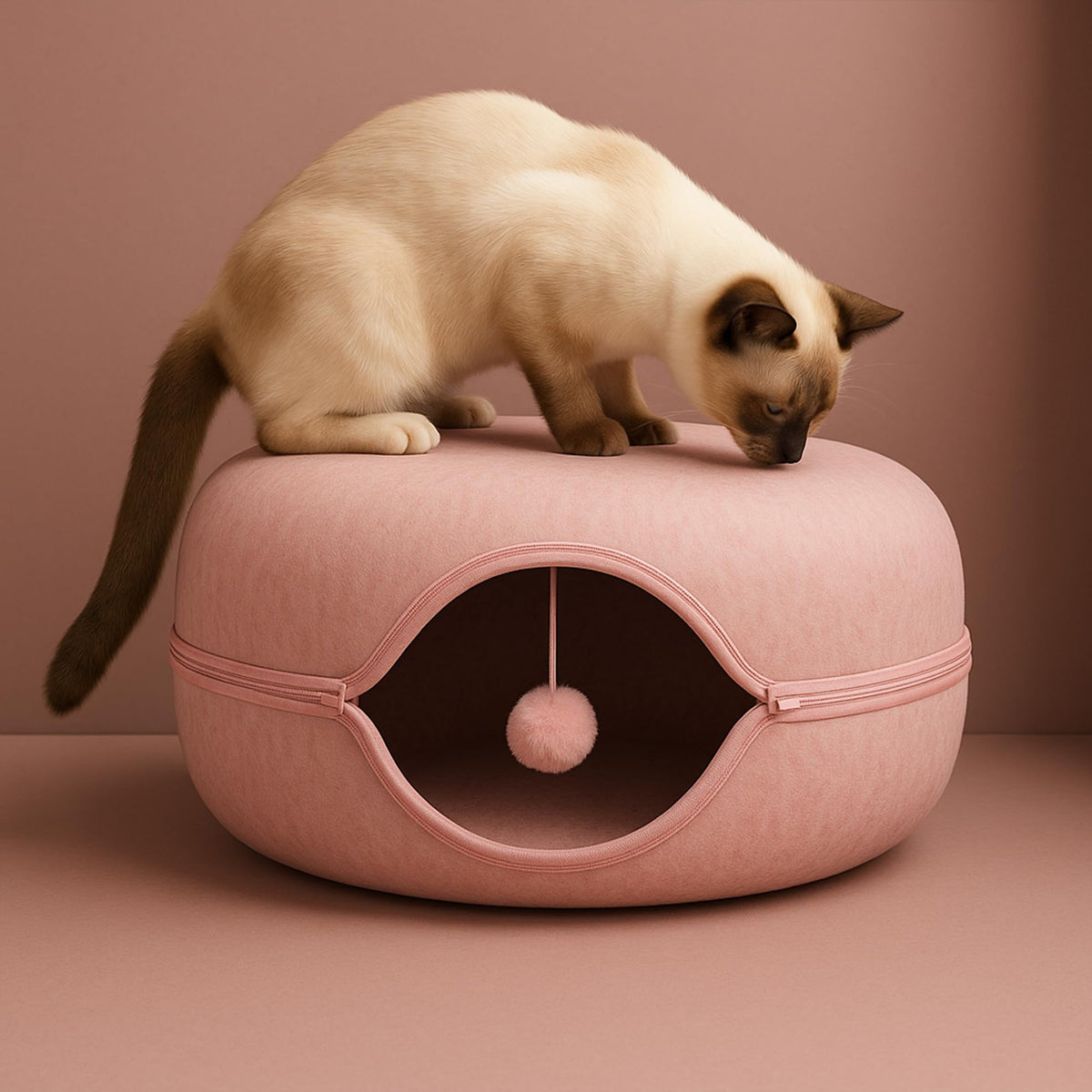 Okoco Cat Tunnel Bed pink exterior offers a cozy hideaway for indoor cats