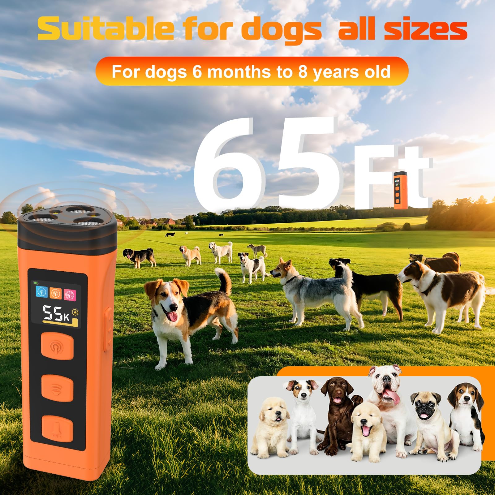 OKSJ Dog Bark Deterrent Device LED display shot, mode and battery status for confidence