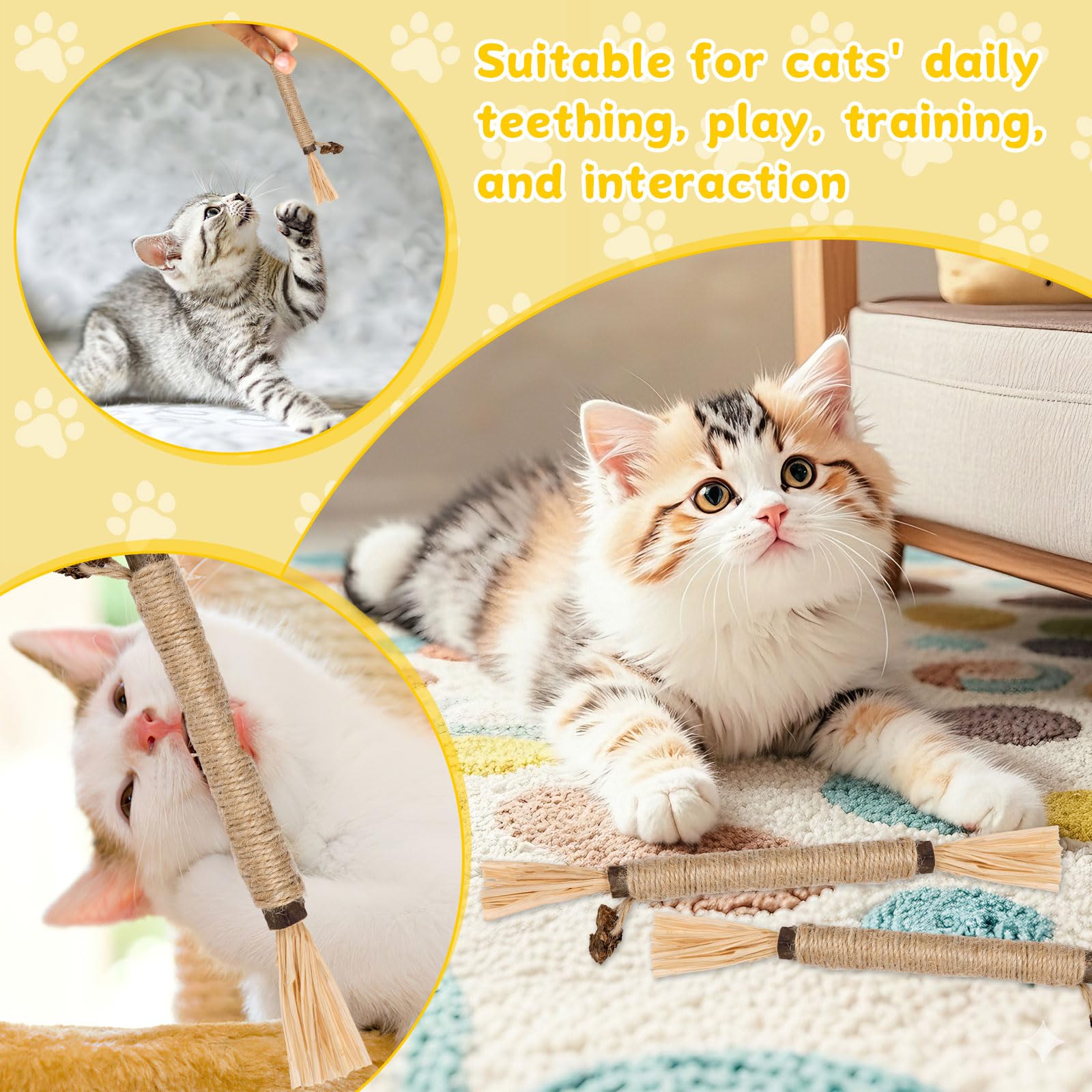 Okxiri silvervine sticks with raffia strands shown in a cat's curious paws.