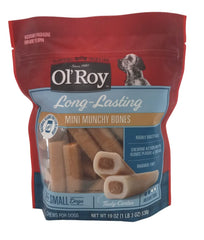 Ol' Roy Mini Munchy Bones bag shows rawhide-free, digestible treats for small dogs