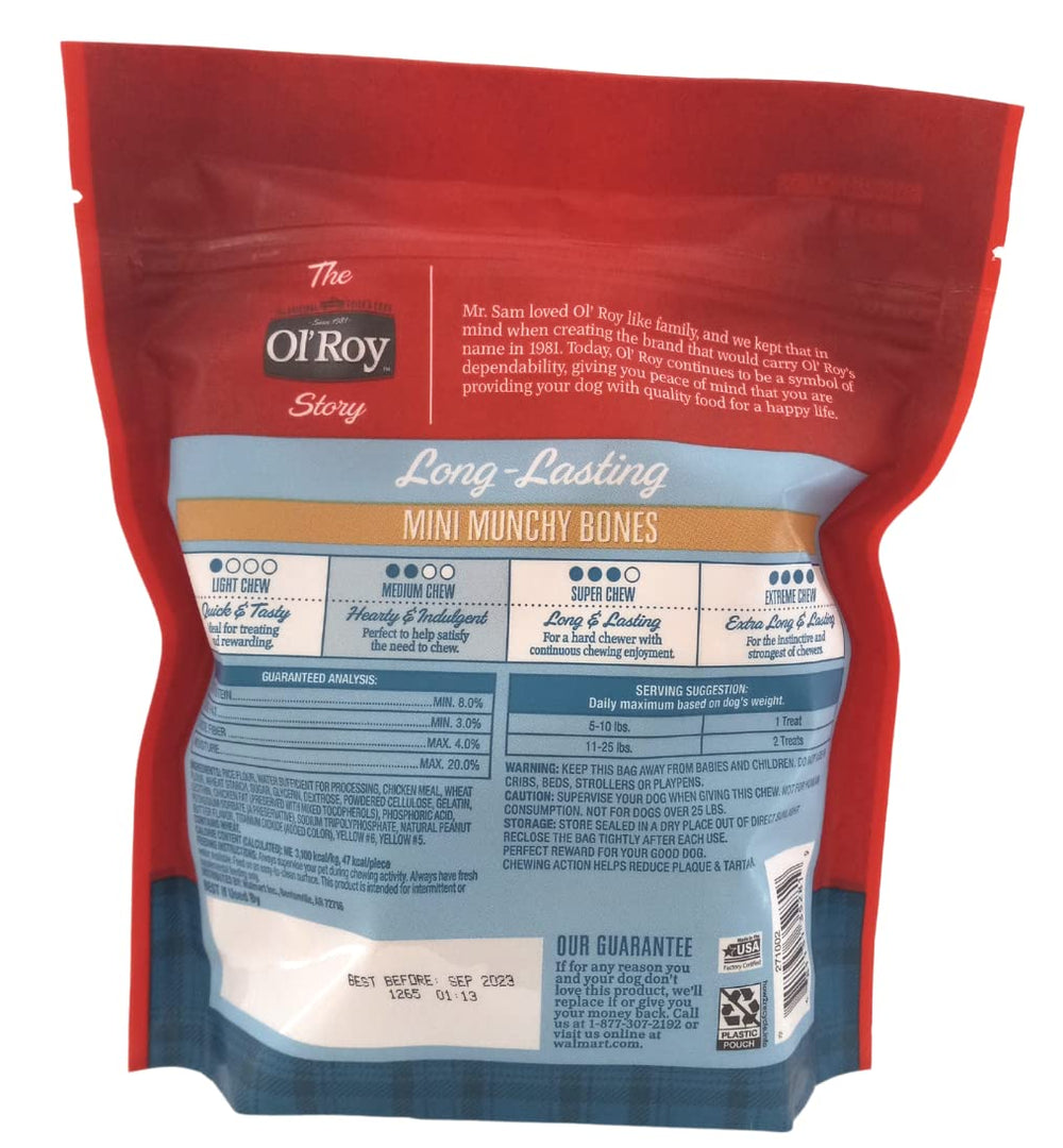 Ol' Roy Mini Munchy Bones treats close-up showing long-lasting chew for small dogs