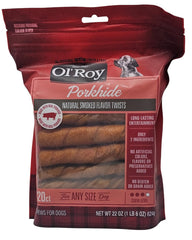 Ol' Roy Porkhide Twists bag front highlights natural smoked flavor for dogs.
