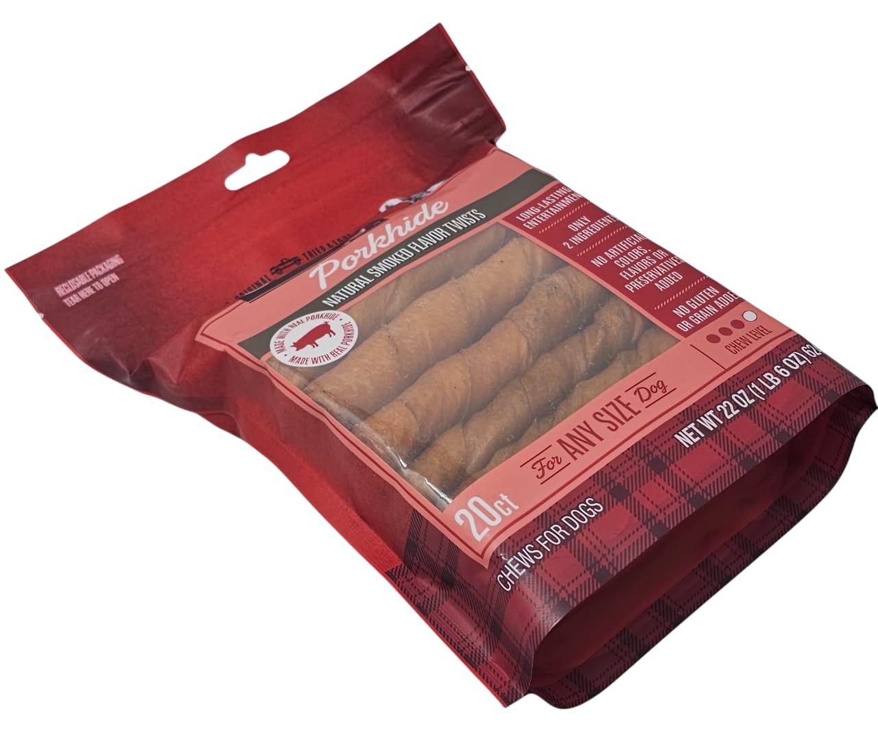 Ol' Roy Porkhide Twists pack opening reveals resealable bag for freshness.
