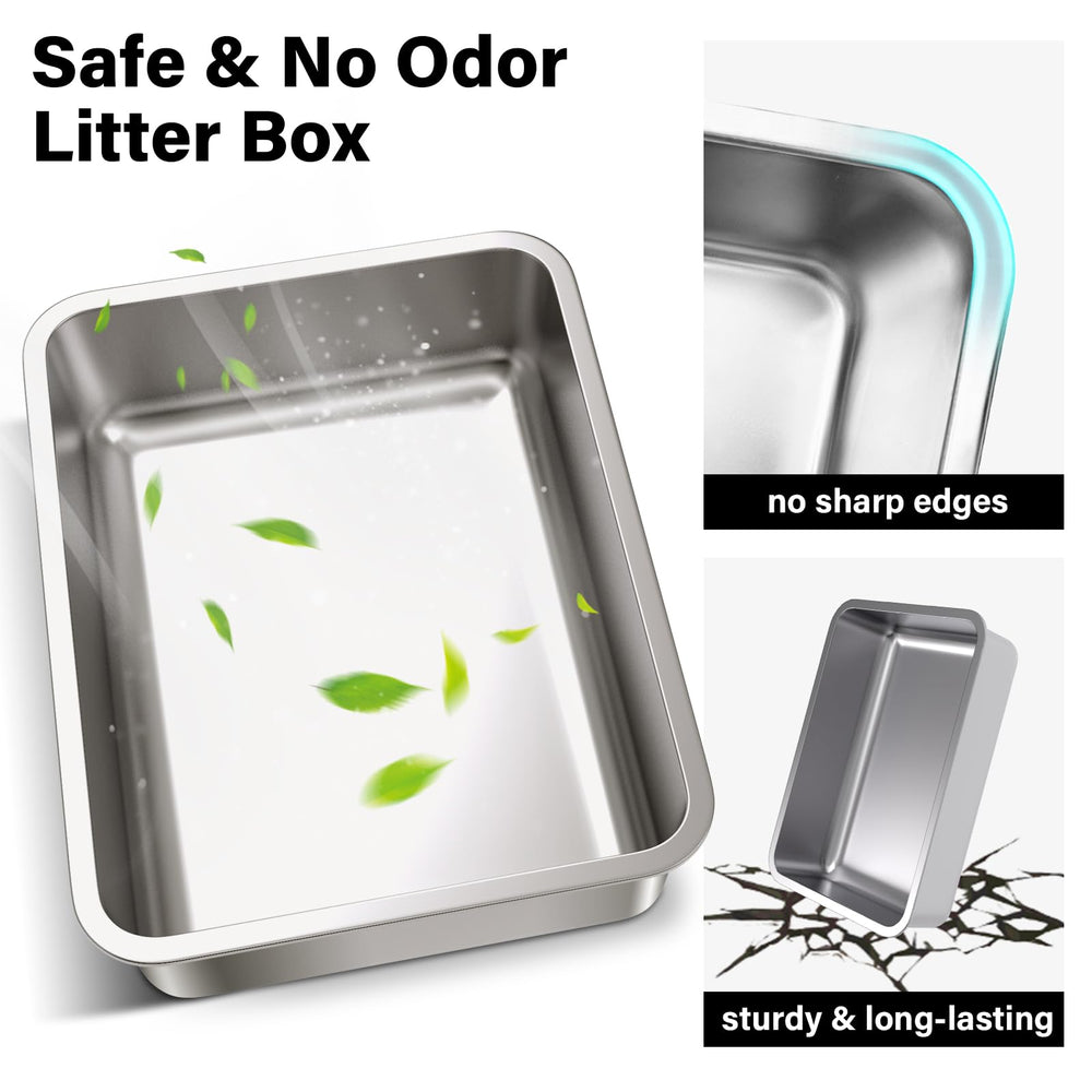 Olacat stainless steel litter box 2-pack bottom view underscores sturdy base for multi-cat households.