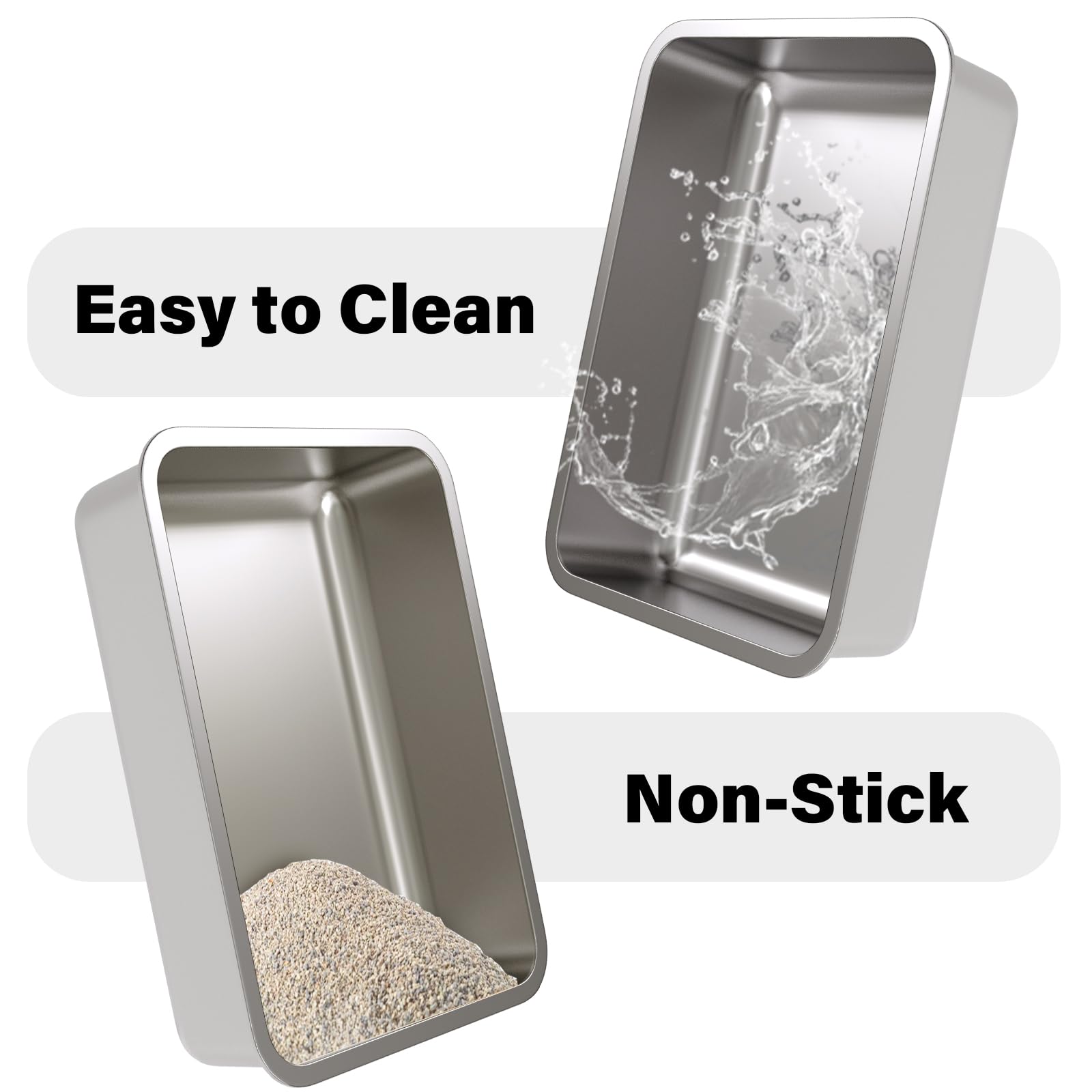 Olacat stainless steel litter box 2-pack inside-depth emphasizes ample height to reduce scattering during use.