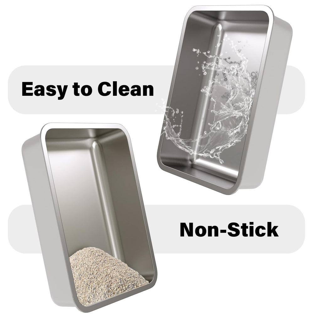 Olacat stainless steel litter box 2-pack inside-depth emphasizes ample height to reduce scattering during use.
