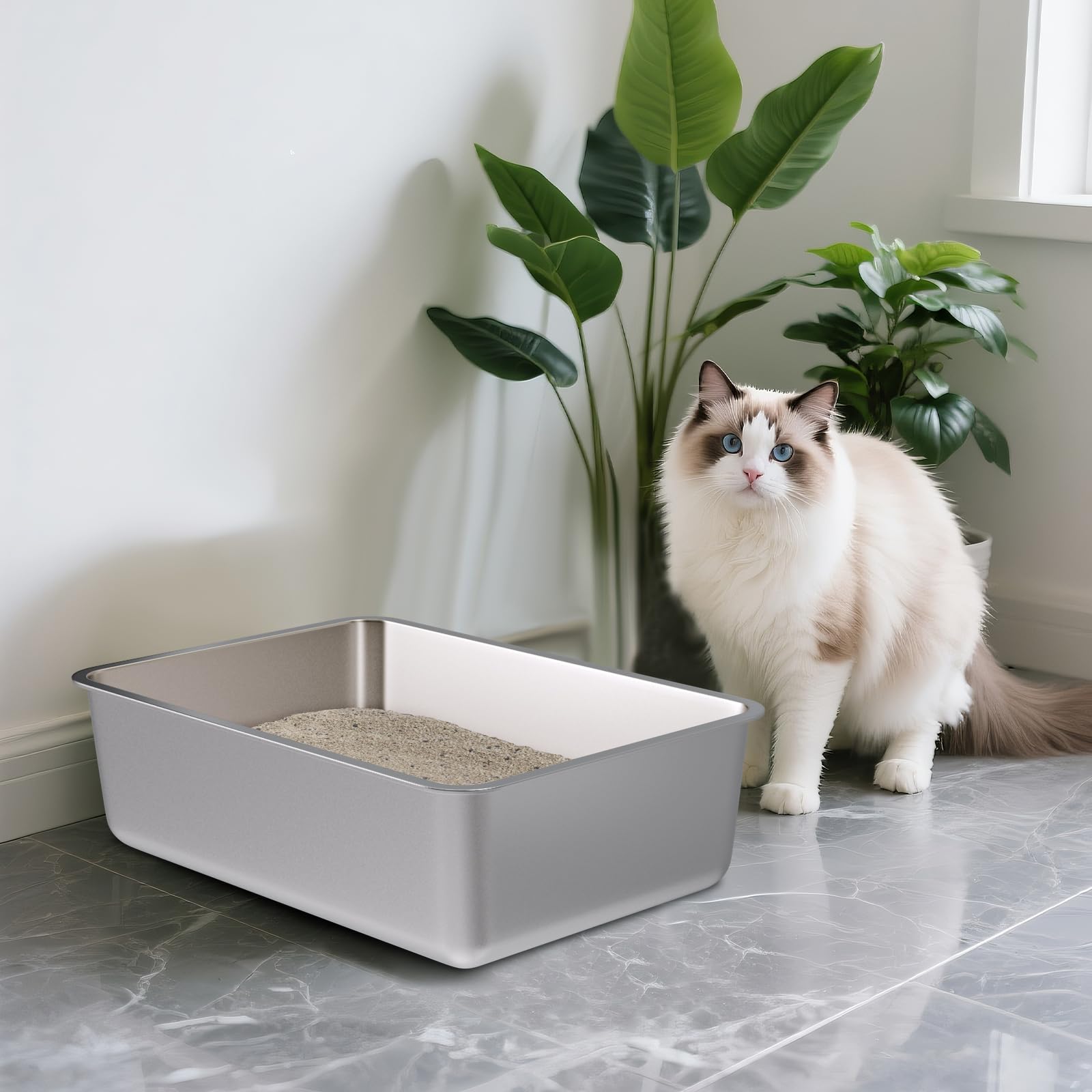 Olacat stainless steel litter box 2-pack rust-resistance design supports long-term durability.