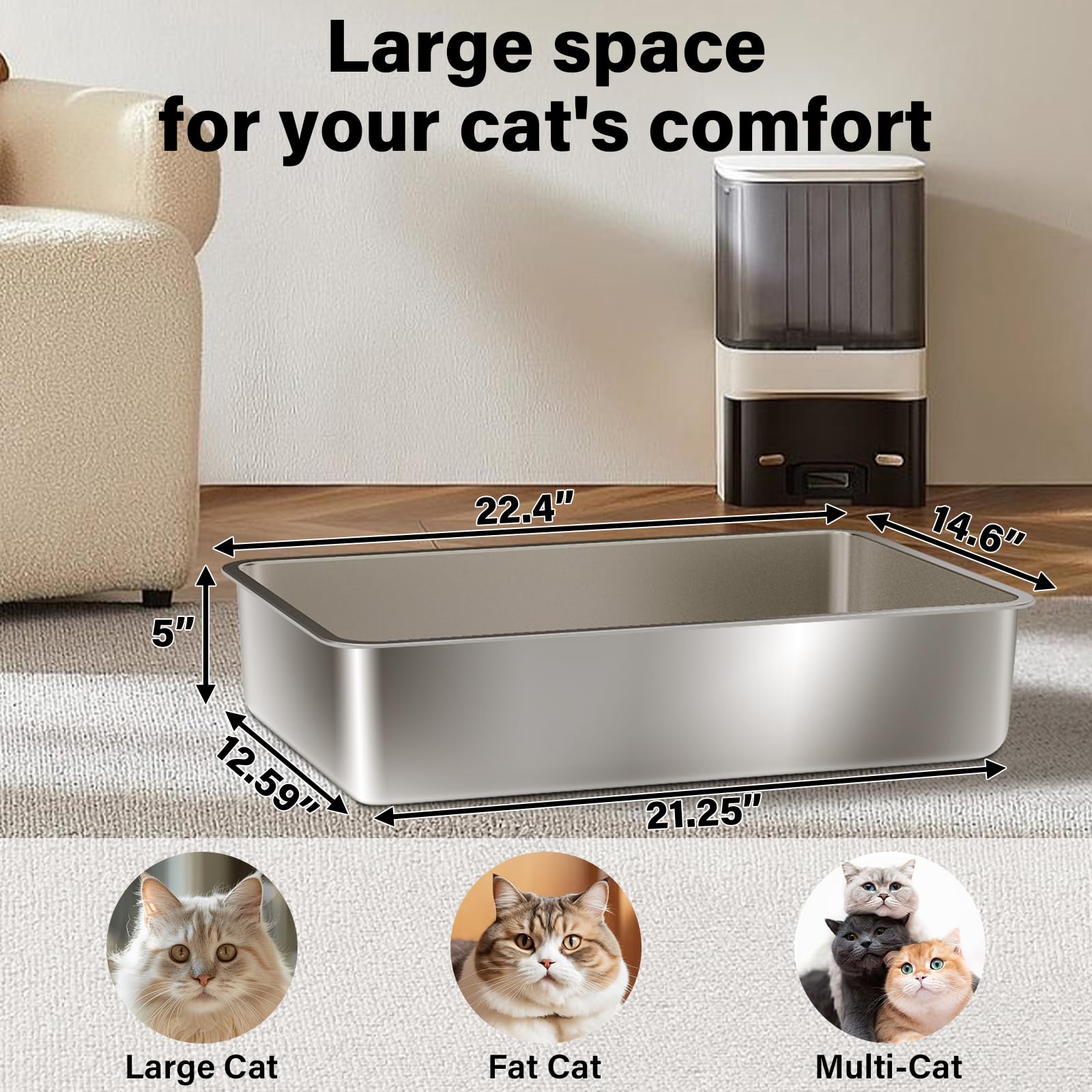 Olacat stainless steel litter box 2-pack side view highlights robust rust-resistant construction for busy households.