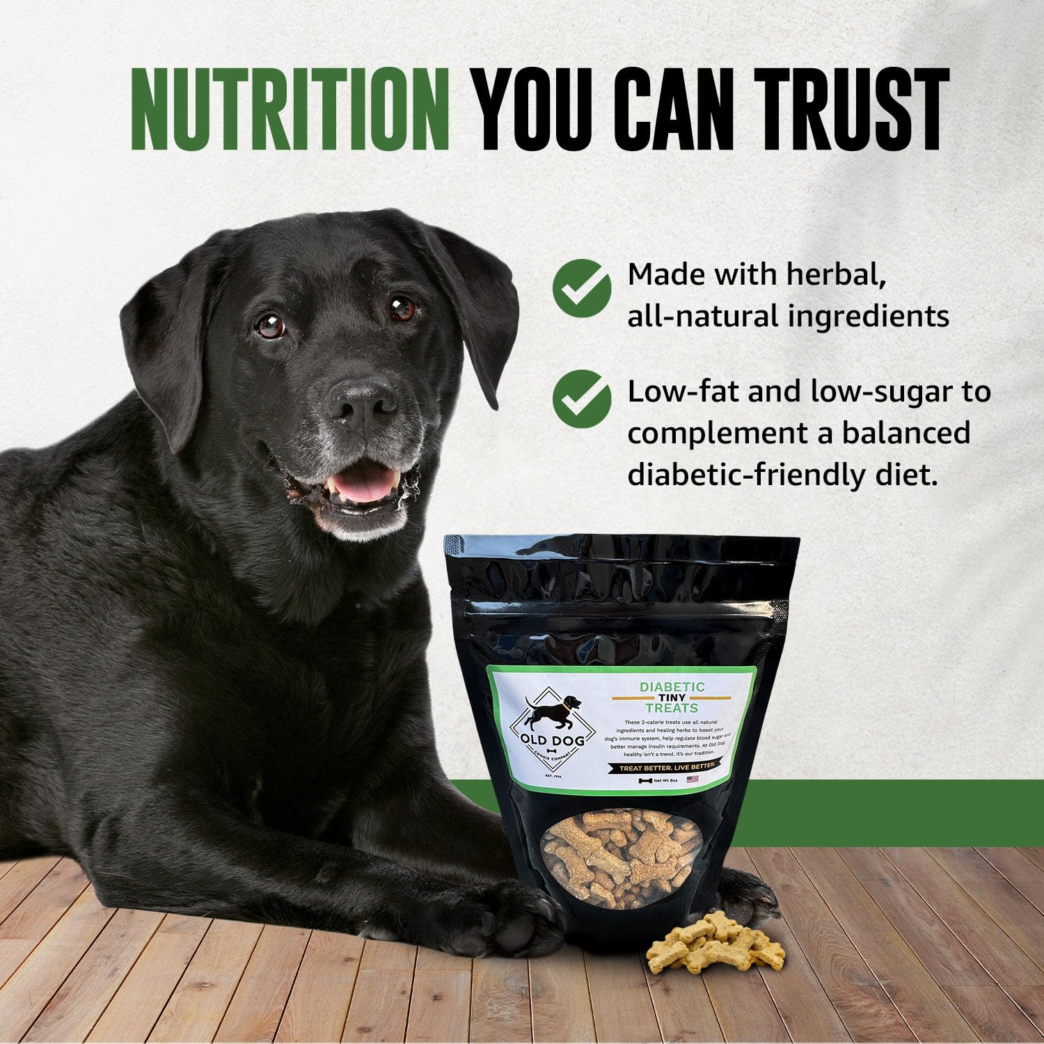 Old Dog Cookie Company 8oz resealable pack front closeup emphasizing freshness.