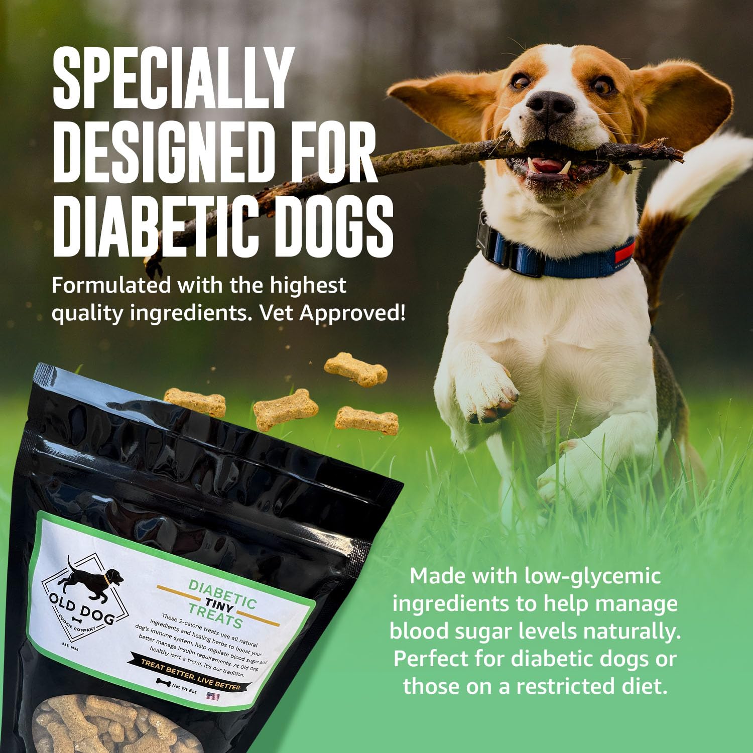 Old Dog Cookie Company ingredients closeup with dandelion, kelp, and apple showing natural nutrition.
