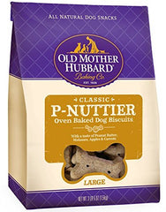 Old Mother Hubbard P-Nuttier Large Biscuits bag, crunchy texture supports dog dental care and tasty rewards.