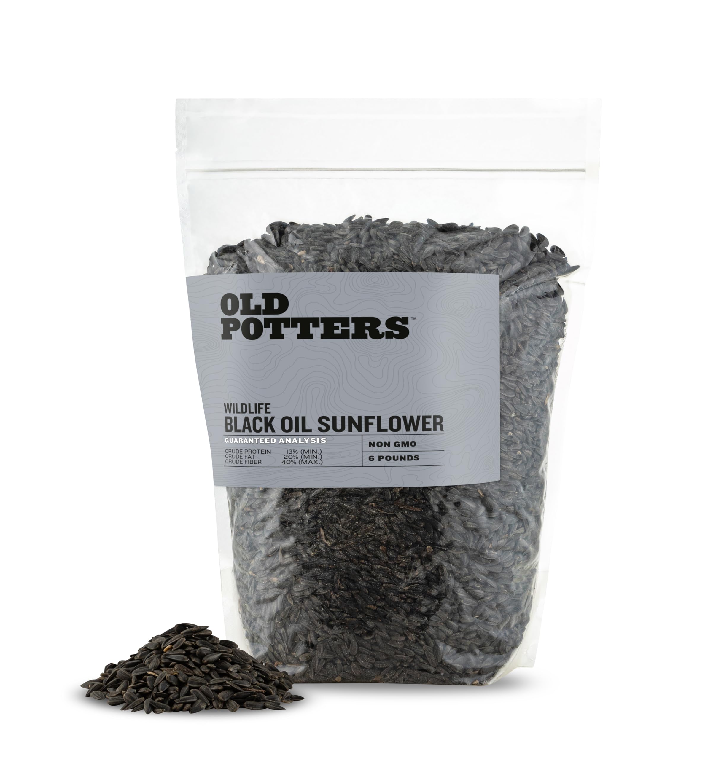Old Potters Wildlife black oil sunflower seeds packaging showcases non-GMO bird food.